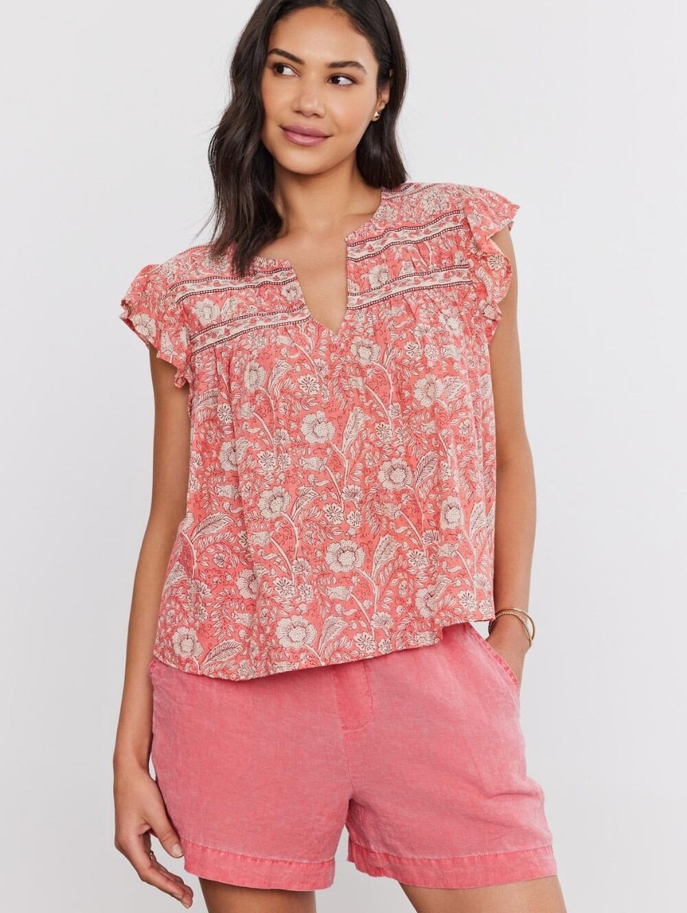 Velvet By Graham & Spencer Kenzie Top Flutter Sleeve Floral Blouse Sz Large NWT
